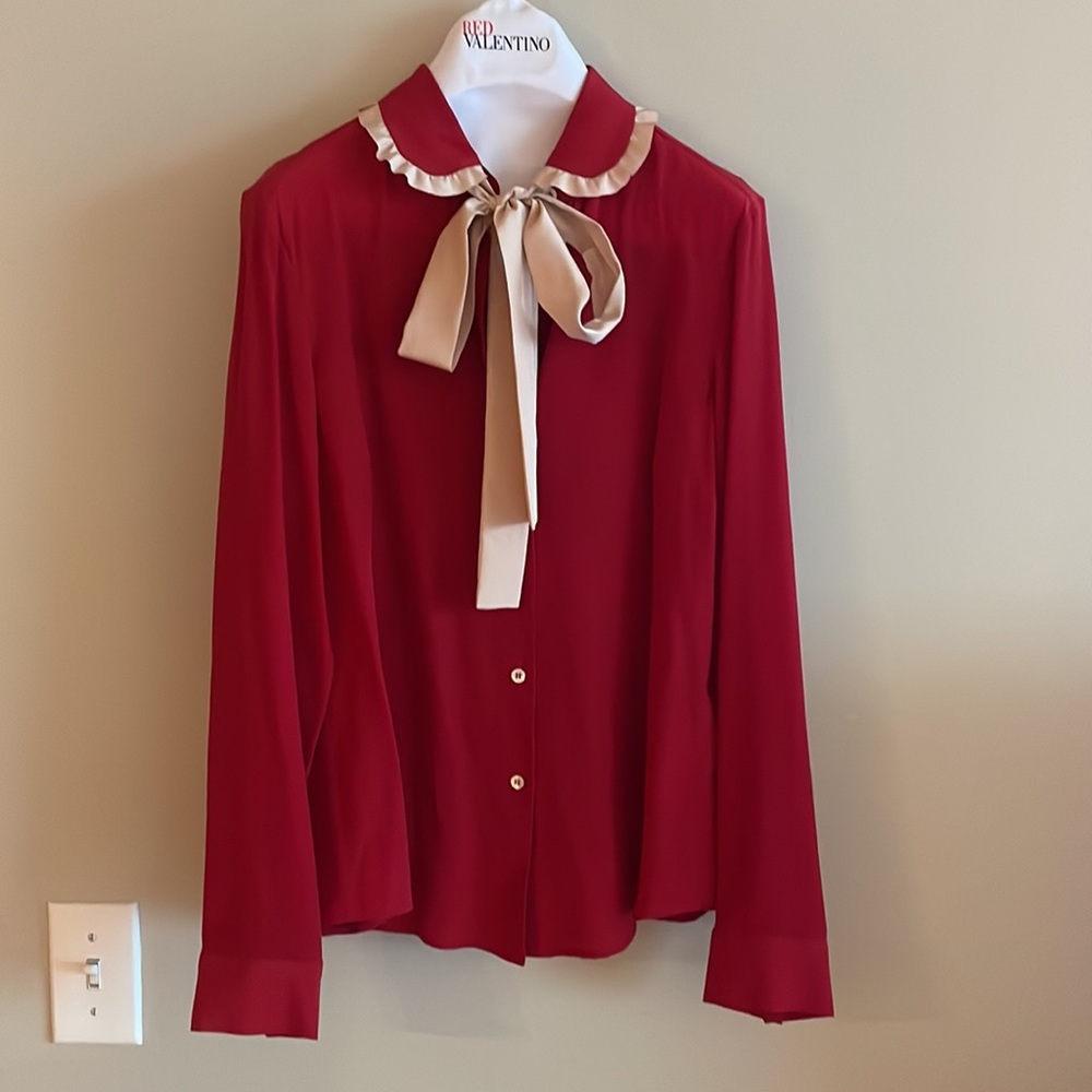 RED Valentino Silk Crepe Ruffle Tie Neck Button Down Blouse Red - Picture 6 of 14